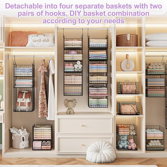 6 Tier Hanging Closet Organizers and Storage Stackable Hanging Closet Shelves with 4 Hooks 2 Adjustable Dividers, Wire Storage Basket Bins for Clothing Purse Sweaters Shoes Socks Dolls, Foldable