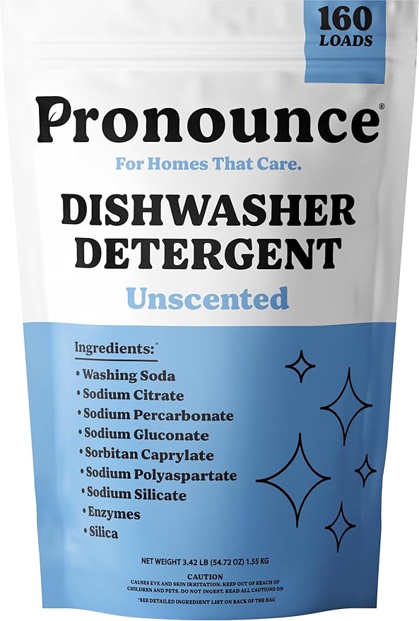 Pronounce Dishwasher Detergent Powder - Cleaner Ingredients, Fragrance Free - Ultra Concentrated, Cuts Grease and Grime, Dishwasher Pods Alternative (Residue-Free). (160 Loads, Unscented)