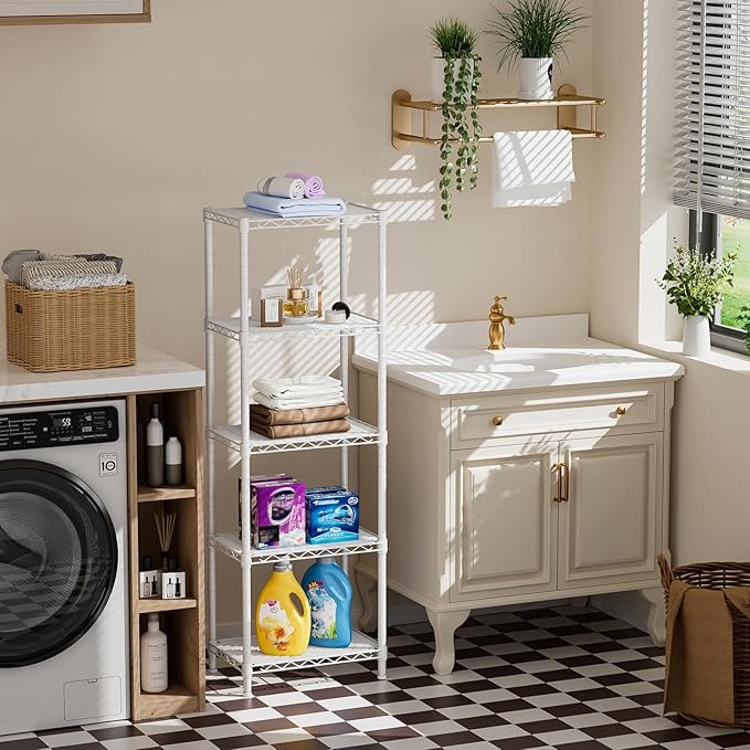 Golpart Small 5 tire Shelves Storage Wire Shelving Unit Metal Shelf Adjustable Organizers Storage Shelving for Bathroom Laundry Room Kitchen Pantry10”D x 16”W x 55”H White