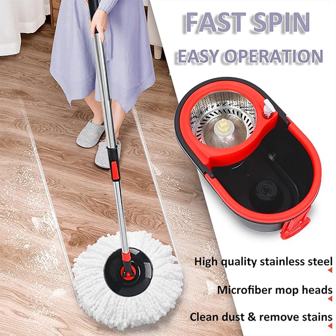 Mop and Bucket Set, Spin Mop and Bucket with Wringer, Mops for Floor Cleaning System, Stainless Steel 360 Floor Mop Bucket on Wheels, 3 Microfiber Mop Replacement Heads