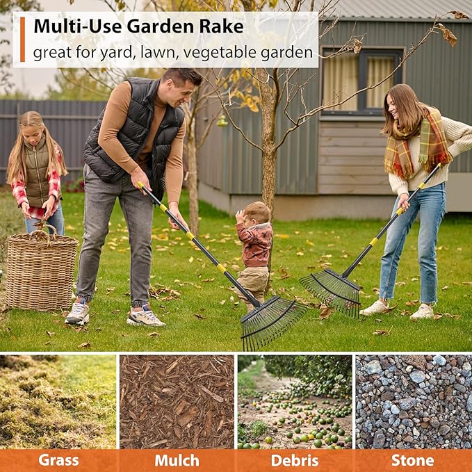 Rake for Leaves Heavy Duty, Large Garden Leaf Rakes for Lawns, 65 Inch Gardening Rake with Back-Saving Long Handle, 18.5” Wide 25 Tines Head for Quick Cleanup Yard Grass Clippings, Anti-Rust