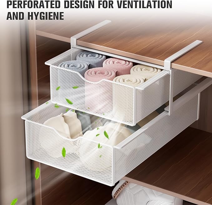 Underwear Drawer Organizer for Closet, Hanging Pull-Out Bra Sock Lingerie Storage Basket - Double-Layer Mesh Undergarment Organizer, Multifunctional Space-Saving Wardrobe Organizer for Bedroom
