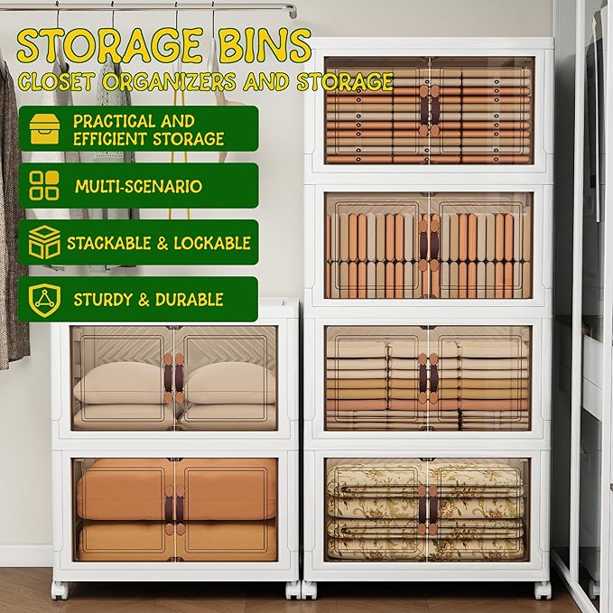 Storage Bins with Lids and Wheels, 660QT-165QT*4Tier Collapsible Bathroom Storage Cabinet with Clear Doors, Plastic Stackable Closet Organizers and Containers White