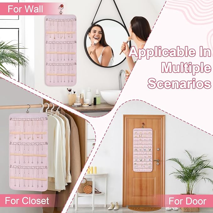 Dynoro Double-Sided Hanging Jewelry Organizer, Large Pink Storage Roll for Earrings, Necklaces, Rings, 48 Pockets 21 Hooks, Durable Oxford Fabric for Closet, Wall, Door, 1 piece, Jewelry Not Included