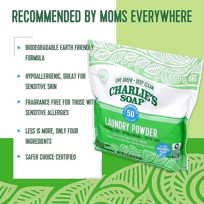 Charlie’s Soap Laundry Powder (50 Loads, 6 Pack) Hypoallergenic Deep Cleaning Washing Powder Detergent – Eco-Friendly, Safe, and Effective
