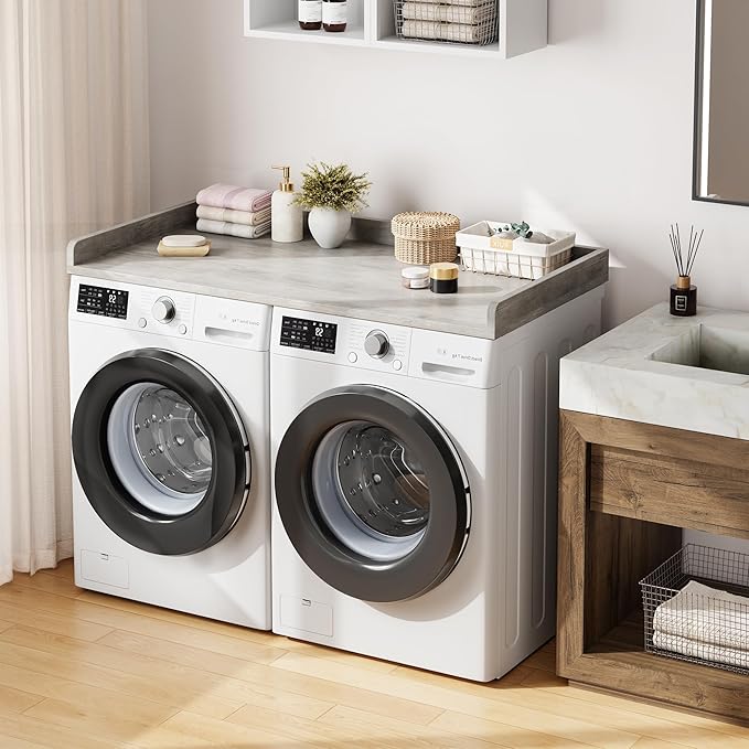 Washer Dryer Countertop, 54.3" x 27.6" Wooden Laundry Countertop with Edge Rails, Washer and Dryer Topper for Laundry Room Organization and Storage