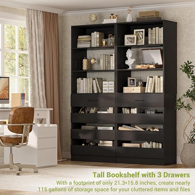 Aheaplus 21.3" Closet System with 4 Drawers, Wood Closet Organizer with Open Shelves, Modular Drawers System Tower, Walk-in Small Wardrobe Rack, Tall Storage Cabinet Unit, Black