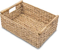 Large Rectangular Wicker Basket - Premium Water Hyacinth Storage Basket with Built-in Wooden Handles for Home Organization, Shelf Organizer, Decorative Natural Handwoven Basket 15.5x10.8x6.2"