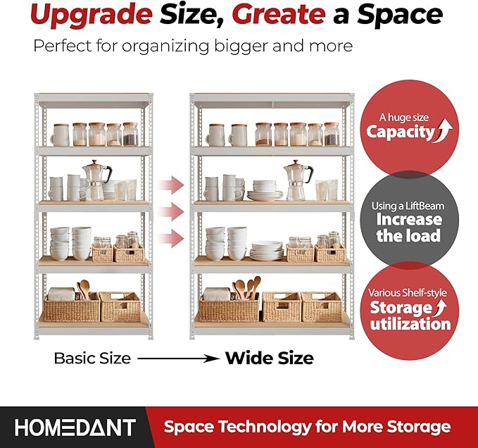 HOMEDANT 47.7" W 5 Tier Heavy Duty Garage Shelving Adjustable Metal Rack Storage Shelves Standing Shelf Unit Organizers Industrial Warehouse Basement White 2Pack