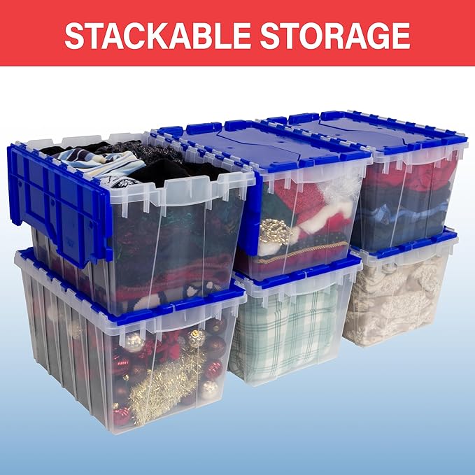 Akro-Mils KeepBox 18 Gallon Storage Container, Nesting and Stackable Plastic Storage Box with Lid Attached, Organizer Tote for Garages, Closets, and Moving, 21" x 15" x 17", Red/Green