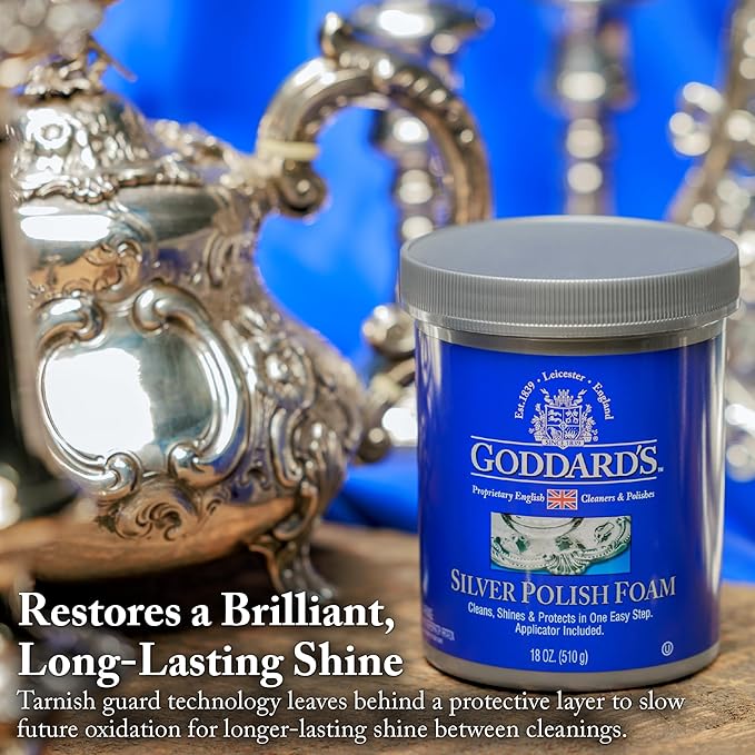 Goddard’s Silver Polish Foam – Silver Jewelry Cleaner for Antiques, Accessories, Ornaments & More – Silver Cleaner for Silverware Protection – Tarnish Remover for Jewelry w/Sponge Applicator (6 oz)