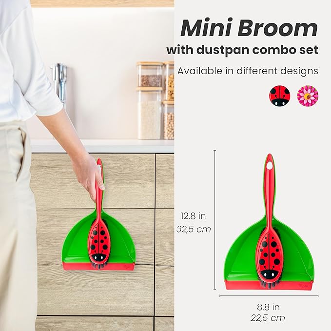 Vigar Ladybug Dust Pan and Brush Handy Set, 12-3/4-Inches, Green, Red, Black