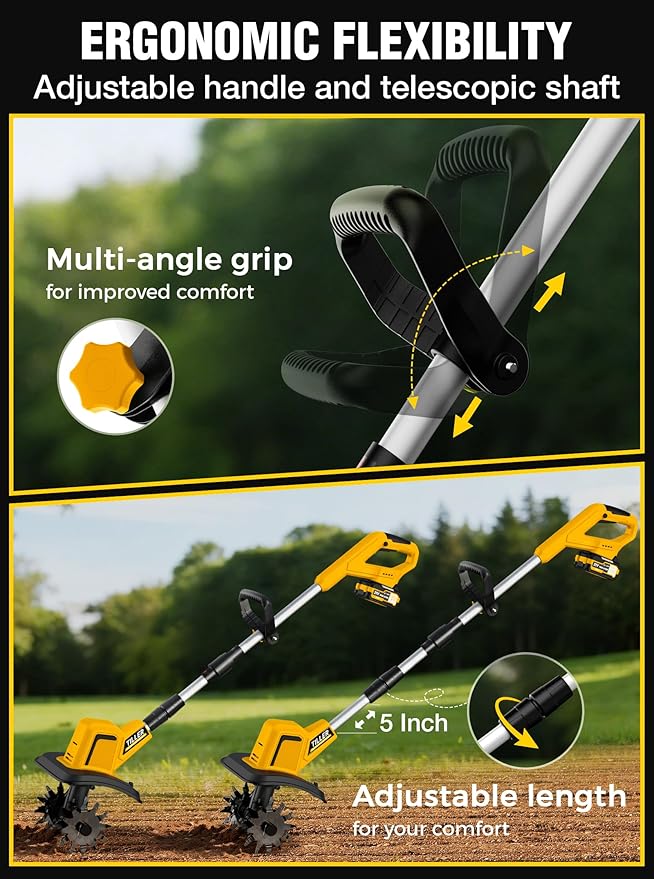 21V Cordless Tiller Cultivator, 400RPM Electric Rototiller with 48 Steel Tines, 4.0Ah Battery Powered Garden Tiller with 8-inch Width and 6-inch Depth, Tiller for Gardening and Soil - Yellow