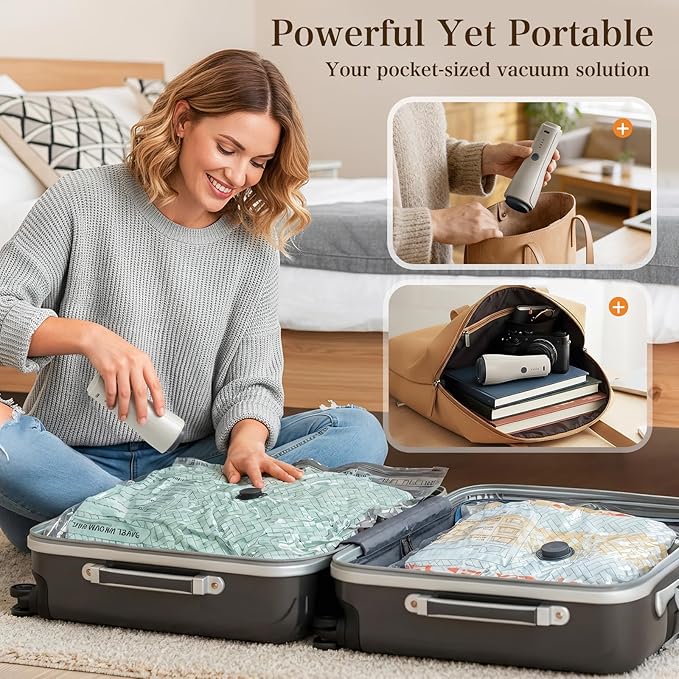 QcoQce Vacuum Storage Bags with Rechargeable Electric Pump, Space Saver Bags for Travel, Vacuum Seal Bags for Clothing, Bedding, Seasonal Storage, Compression Packing Bags for Suitcase