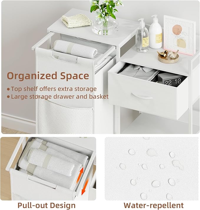 Somdot Laundry Hamper with Fabric Drawer and Shelves, Laundry Basket Sorter with 15.8 Gallons (60L) Pull-Out and Removable Bag, White Leather