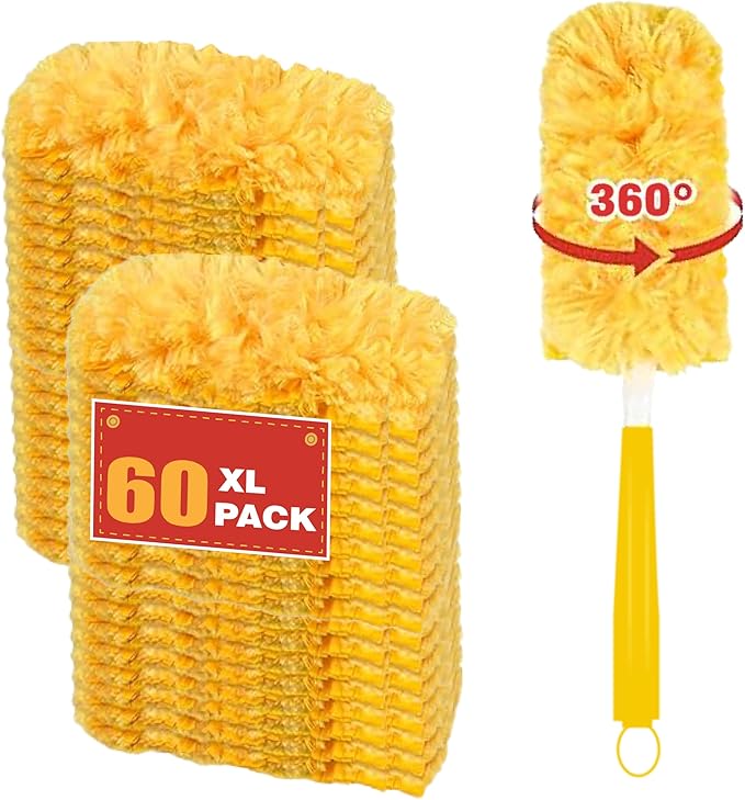 Heavy Duty Duster Refills for swiffer Duster, Disposable Dusters Kit for Cleaning Dusting Furniture Blind Ceiling Fan, Electrostatic Lock-Dust Technology 360 Feather Duster，60 Duster and 1 Handle
