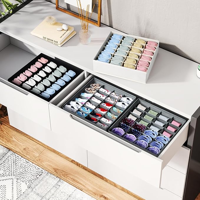 Underwear Organizer 4 Pack, 24 Cell Sock Drawer Organizer Divider, Sock and Underwear Drawer Organizer Foldable Tie Organizer for Socks, Underwear, Belts, Ties. (Black)