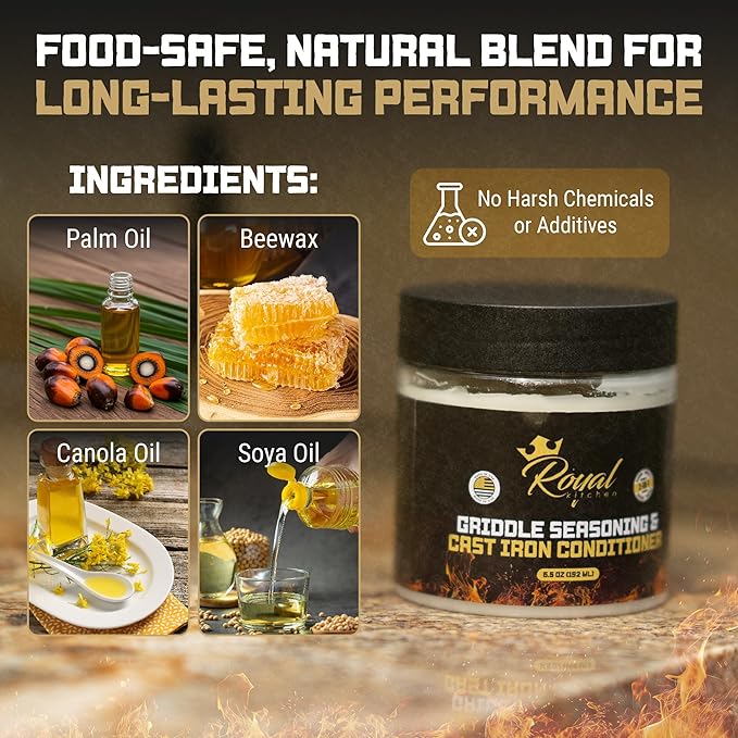 Royal Kitchen Cast Iron & Carbon Steel Seasoning Conditioner 2-IN-1 | Effective For Restoring, Protecting & Conditioning Blackstone Griddle, Cast Iron and Dutch Oven Cookware Food Safe and easy to use conditioner (6.5 Ounce (Pack of 1))