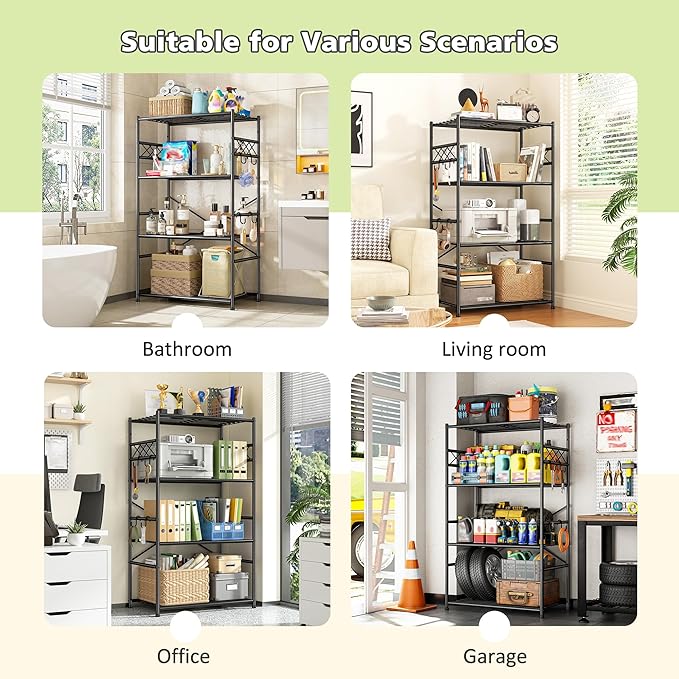 DurayLoly Storage Shelves 4 Tier Shelf Organizer,Metaling Shelving with Hooks,Heavy Duty Garage Shelves Unit with Leveling Feet,Wire Shelving for Pantry,Kitchen and Closet,23.6" W x 13.8" D x 60.4" H
