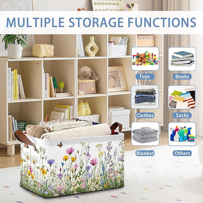 Wildflowers Butterfly Storage Baskets,Garden Herb Flower Foldable Large Capacity Organizer Bins with Waterproof Lining and Leather Handles for Closet,Shelf,Bedroom 17x11.5x10Inch