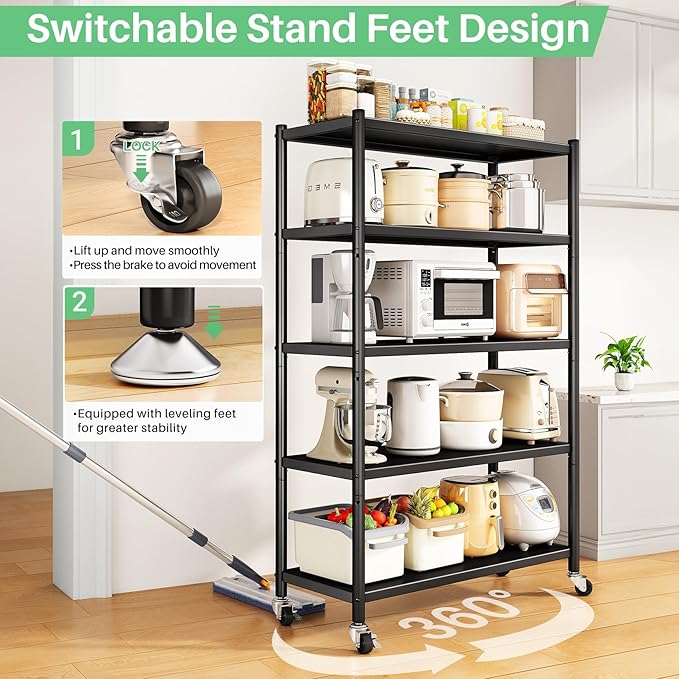 PXRACK Metal Shelving for Storage, 5 Tier Adjustable Kitchen Storage Shelves with Wheels, Shelving Unit Bookshelf Utility Shelf Metal Storage Rack for Garage Pantry Closet Laundry, 35.8"x13"x59.65"
