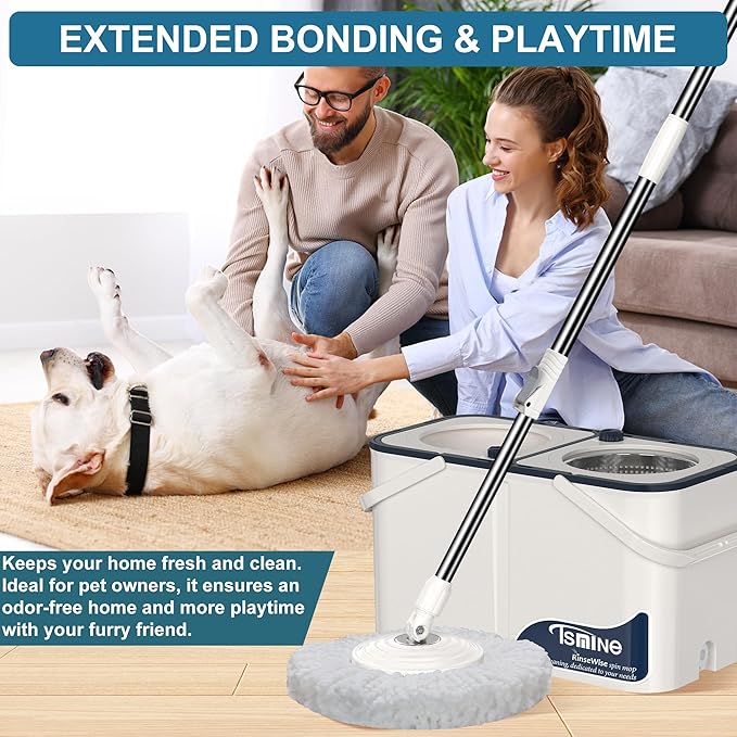 Gen 1 Large-Capacity Spin Mop and Bucket – for Big Homes & Deep Cleaning Days,4-Chamber System Separates Dirty & Clean Water, 2-GAL Heavy-Duty Design with Wheels & 6 Refill Mop Heads - White/Grey