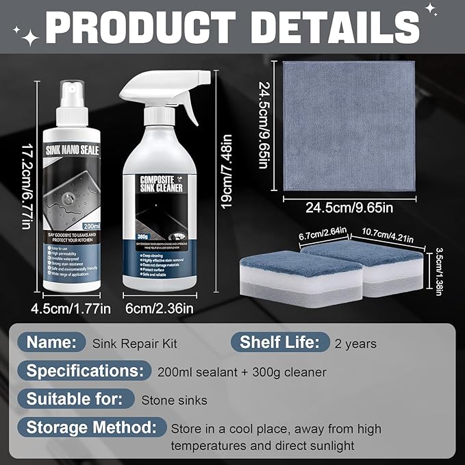 Granite Cleaner and Sealer for Granite Ceramic, Natural Stone Sinks, Restores Shine, Waterproof, All-in-One Cleaning Included 300g Granite Cleaner, 200ml Granite Sealer, 2 Sponges & Microfiber Cloth