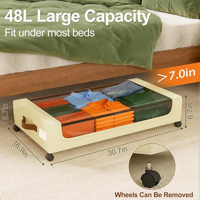 GoMaihe Under Bed Storage with Wheels:48L Underbed Storage Containers with Lids - Rolling Bins for Shoes Clothes in Dorm Bedroom - Metal Drawers Easy Pull-out Beige 4-Pack