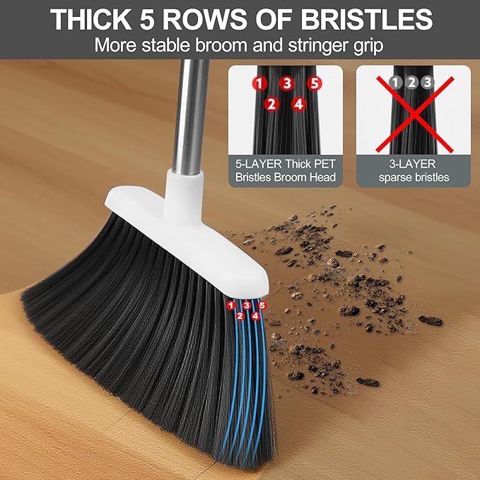 Broom and Dustpan Set, Broom Dustpan Combo Set for Home 52-in Long Adjustable Handle Broom with Dustpan Teeth to Clean Hair for Home Office Kitchen Lobby(White)