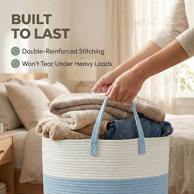 JMvicyroam 65L Extra Large Blanket Basket for Living Room - Woven Cotton Rope Laundry Hamper with Reinforced Handles - Storage Bin for Pillows, Comforters & Toys - Machine Washable,White&Blue