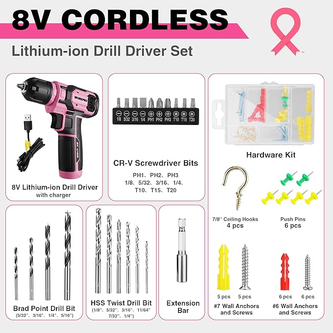 WORKPRO Pink Cordless Drill Set, 8V Impact Drill Driver with 53pcs Bit Set, 2.0Ah Electric Power Drill Kit with 3/8" Keyless Chuck and Variable Speed Trigger, Portable for DIY- Pink Ribbon