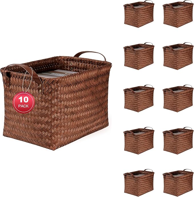 10pcs 15L Laundry Baskets Waterproof Storage Basket For Shelves Large Laundry Hamper With Leather Handle -Cube Organizer Woven Bins for Bathroom,Bedroom,Pantry,Clothes,Car Towels-Brown