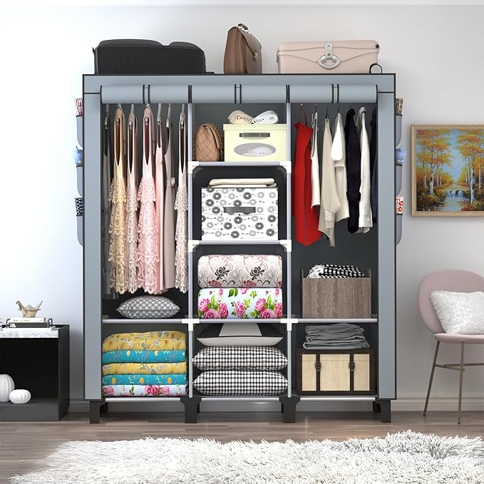 Portable Wardrobe with 10 Storage Racks and 2 Hanging Poles, 6 Side Pockets Non-Woven Cover, Size 130 x 45 x 172 cm, Bedroom Closet Organizer (Gray)