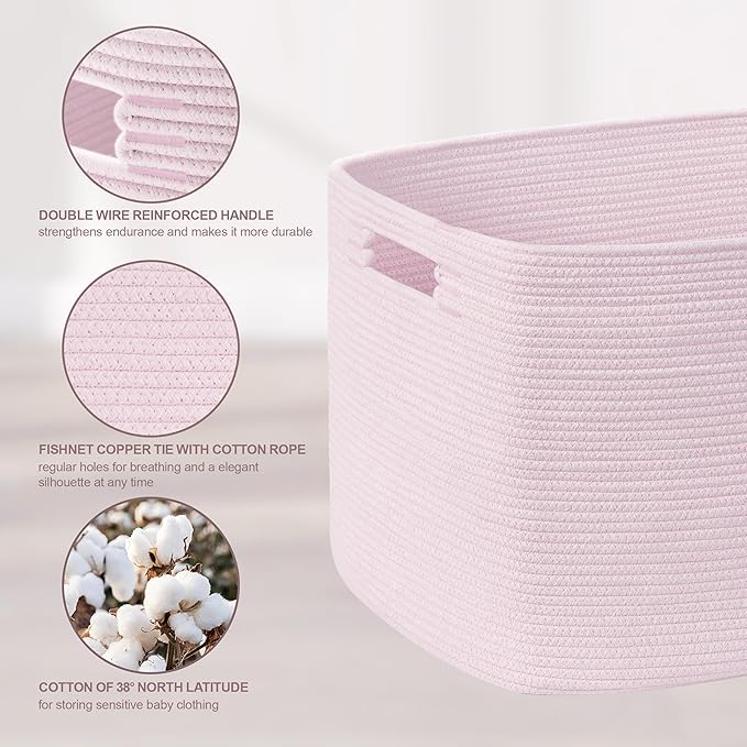 45L Small Baby Girls Laundry Basket for Nursery Storage,Cute Woven cotton Rope Baskets for Kids Toy，Gifts, Boho Square Wicker Blanket hamper for Living Room,Bedroom Dirty Clothes,Pink