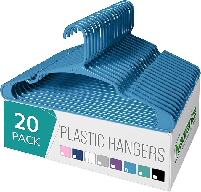 NEATERIZE Clothes Hangers Plastic 20 Pack for Adults - Plastic Hangers, The Perfect Coat Hanger and Space Saving Clothes Hangers for Closet, Percheros Ganchos para Colgar Ropa Hangars - Blue Hangers