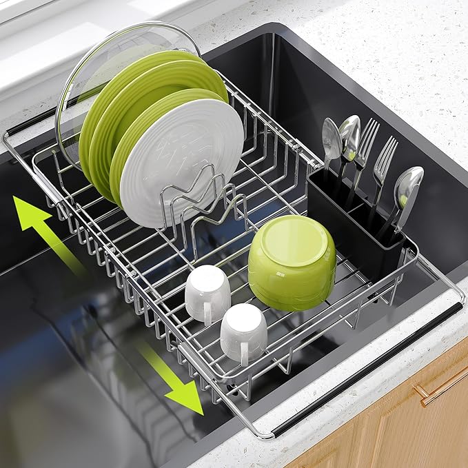 JASIWAY Dish Drying Rack in Sink, Expandable Stainless Steel Dish Drainer for Kitchen Sink, Dish Strainer Rack, Retractable Over Sink Dish Rack with Utensil Holder, 13.4''~16.9''D x 12.2''W, Silver