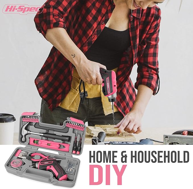 Hi-Spec 35-Piece Tool Kit with 3.6V USB Small Electric Screwdriver Set, Pink Drill Set for Women, Tool Kit for Home
