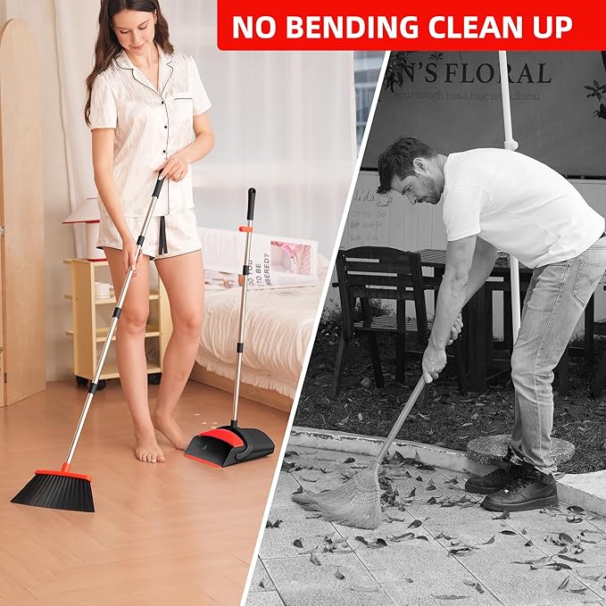 Broom with Dustpan Combo Set for Home 54-in Long Adjustable Handle Angle Broom and Dustpan Set with Dustpan Comb Teeth for Sweeping Pet Hair Food Dirt Kitchen (Black)