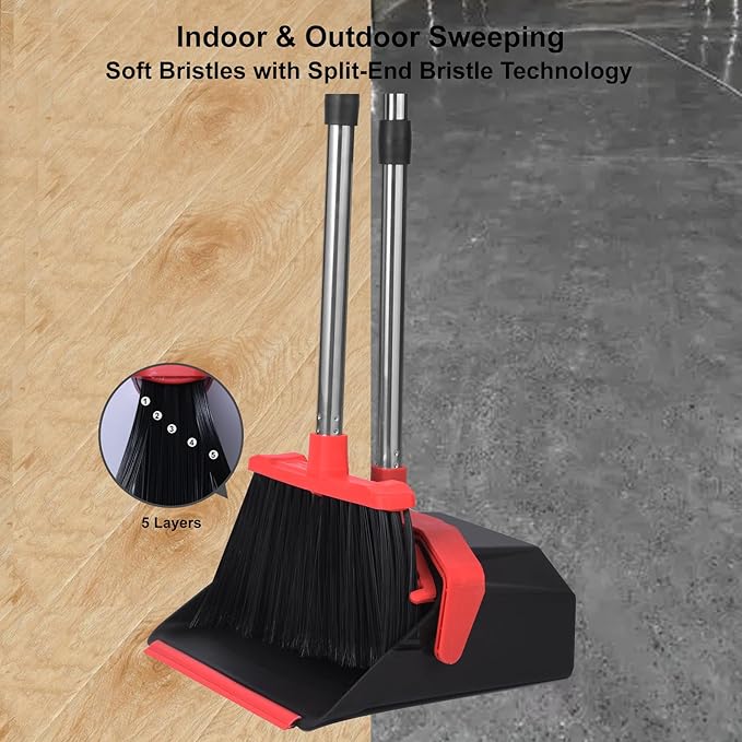 Upgrade Broom and Dustpan Set, 51'' Sturdy Long Handle, Large Upright Stand Up Broom and Dustpan, ZeroGap Lip, Self-Cleaning Dustpan Teeth for Lobby Kitchen Office Floor - Black and Red