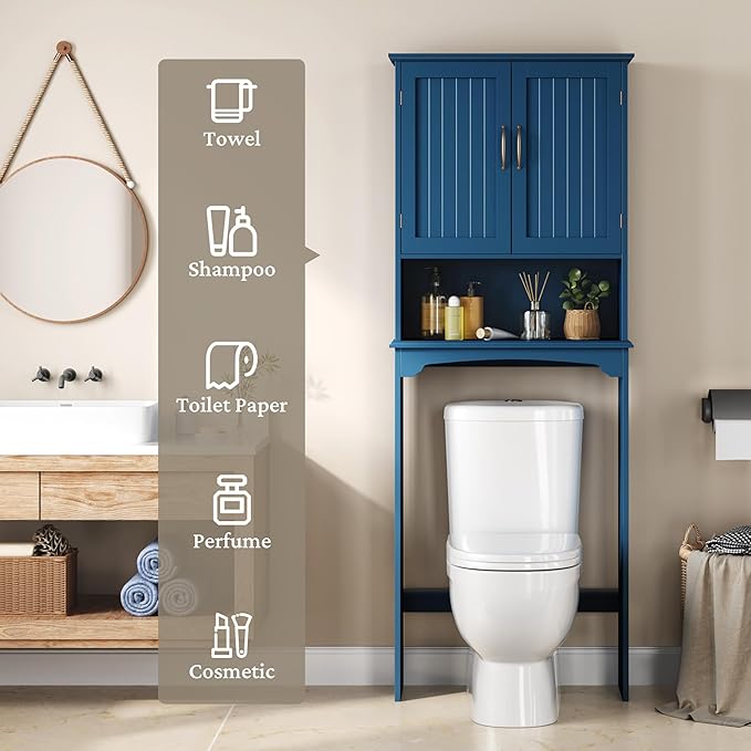Yaheetech Over The Toilet Storage with 2 Doors & Adjustable Shelf, Free Standing Toilet Rack Wooden Space-Saving Collect Cabinet, Bathroom Furniture, L24.5xW9xH66 in, Navy Blue