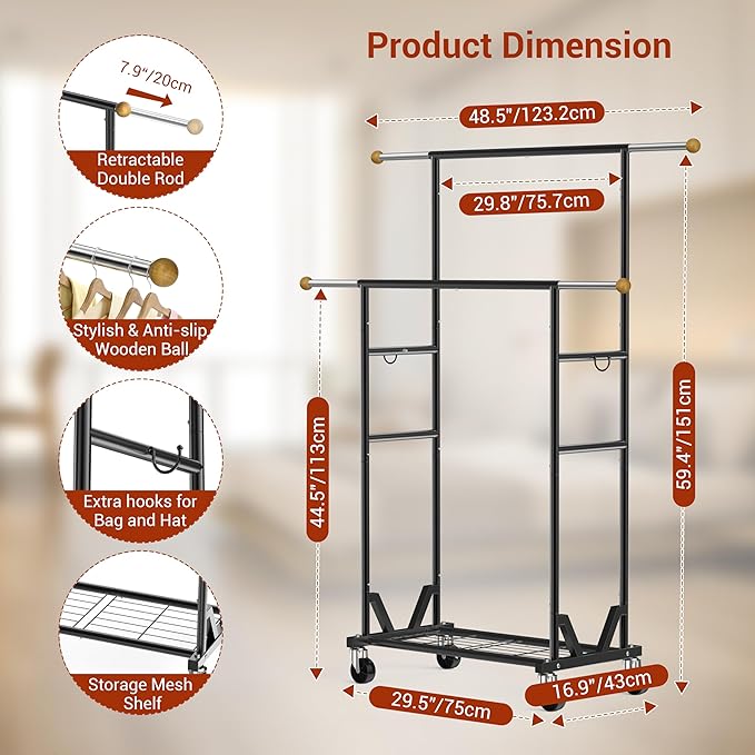 Rolling Garment Rack - Double Rod Clothes Rack with Lockable Casters, Mesh Storage Shelf & Anti-Slip Wooden Finials accented - Sleek Black Freestanding Closet Organizer for Coats, Dresses