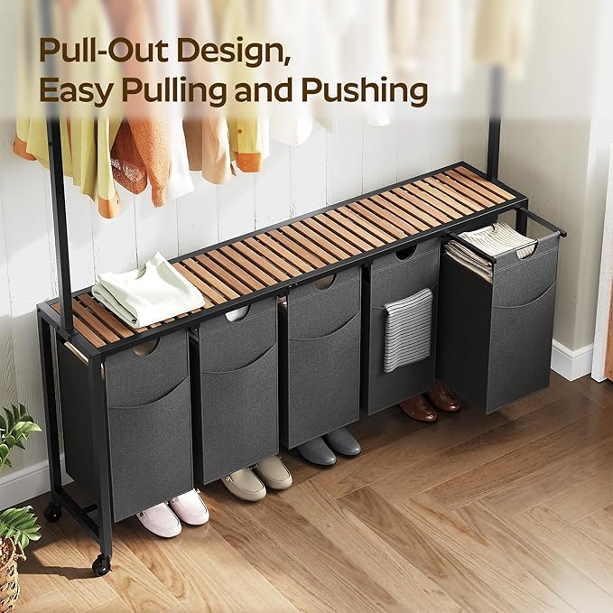 YATINEY Laundry Hamper, Laundry Sorter 5 Section, Rolling Laundry Basket, Laundry Sorter with Hanging Bar, Hampers for Laundry, Laundry Basket Organizer for Laundry Room, Rustic Brown LS57BR