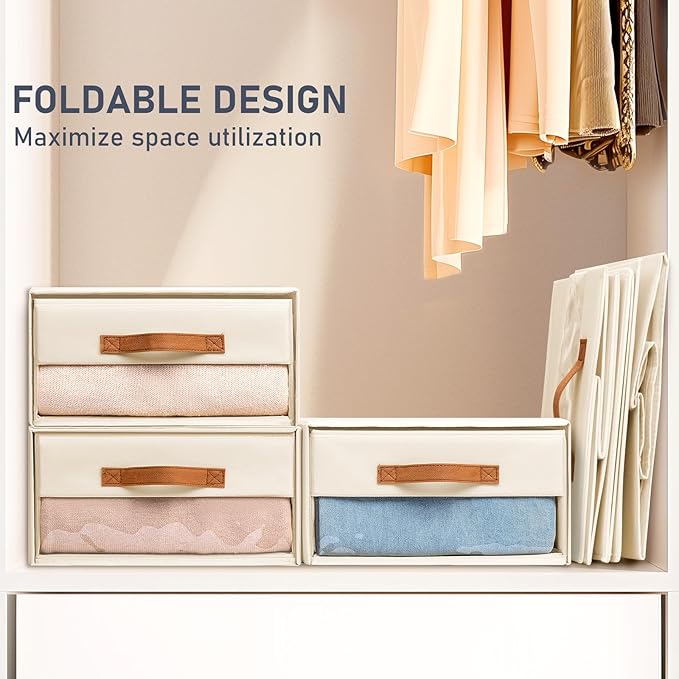 DIMJ Closet Organizers and Storage - Foldable Storage Bins with Drawers Fabric Stackable Storage Drawers with Clear Window,Fabric Clothes Organizers and Storage Drawers for Closet, 6-Pack, Beige