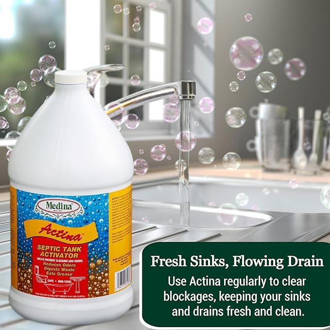 Medina Actina Toilet Clog Remover - Natural Sink Drain Cleaner Liquid for Effective Waste Digestion and Odor Control - Reduced Maintenance in Shower Drain Clog Remover (128 OZ)