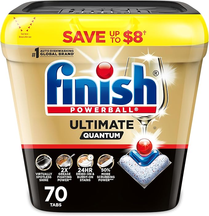 Finish Ultimate Quantum Dishwasher Pods, New & Improved Formula, Dishwasher Detergent Dish Soap, Removes Burnt-On & Dried-On Stain, Degreasing & Scrubbing Power, 70 Count