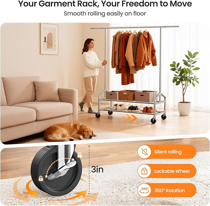 Heavy Duty Clothes Rack, Rolling Clothing Rack for Hanging Clothes Load 650 LBS with 2 Sturdy Shelves, Metal Garment Rack with Wheels for Bedroom, Laundry Room, Retail Store, Silver