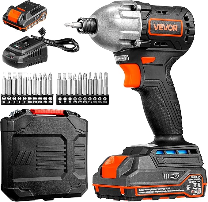 VEVOR Impact Driver, 1/4 Inch, 2800 RPM Max Speed, 20 V Brushless Motor, Electric Cordless Impact Driver Kit with Battery and Charger, 20 Bits, LED Work Light, for Furniture, Electrical, Home Repairs