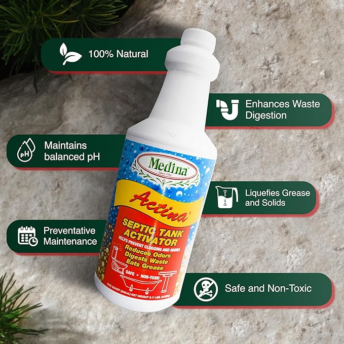 Medina Actina Toilet Clog Remover - Natural Sink Drain Cleaner Liquid for Effective Waste Digestion and Odor Control - Reduced Maintenance in Shower Drain Clog Remover (32 OZ)