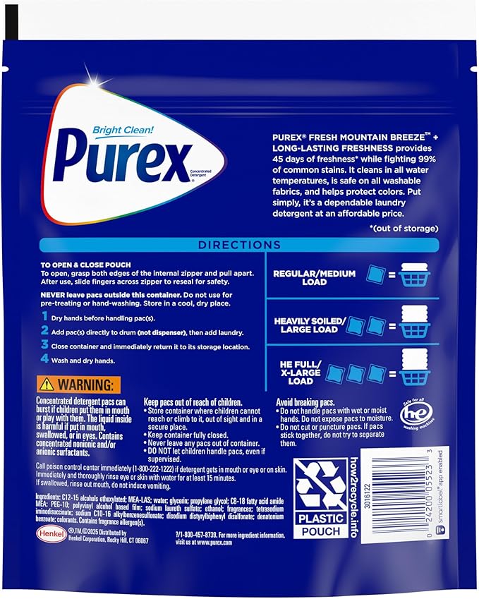 Purex Fresh Mountain Breeze Laundry Detergent Pacs, 66 Count, Pre Measured Pacs