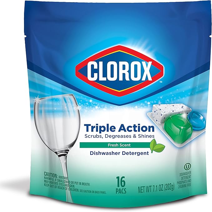 Clorox Triple Action Dishwasher Detergent Pacs, 16 Count Dishwashing Pacs, Fresh Scent